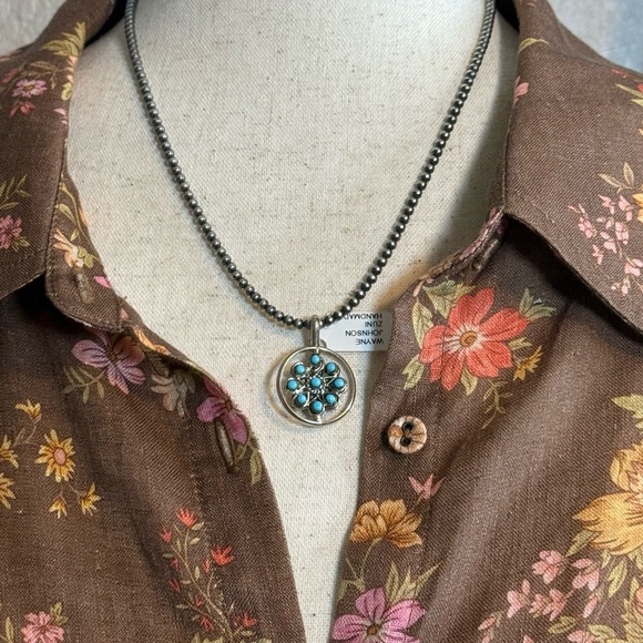 NWT Zuni Handmade Spinner Pendant Turquoise & Coral Silver Double Sided - Picture 4 of 13